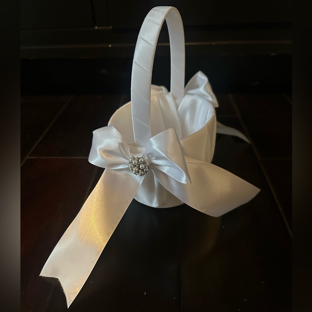 Elegant White Satin Flower Girl Basket